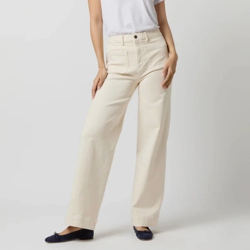 Ann Mashburn Patch Pocket Wide Leg Cropped Jeans Sand Women's 31 Stretch Denim